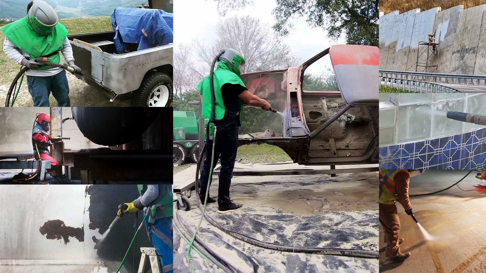 A collage of pictures of people sandblasting buildings and vehicles